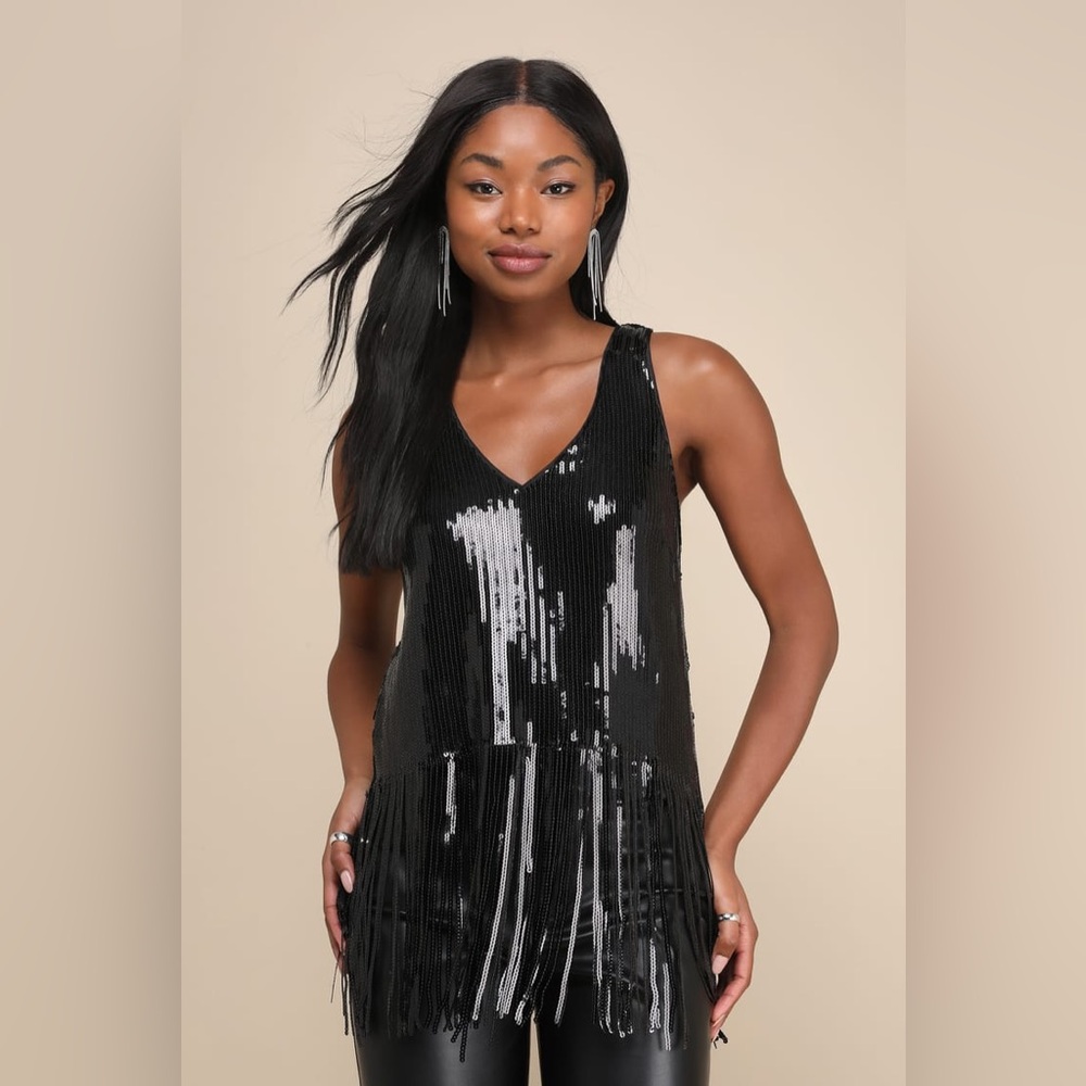 Black Sequin Fringe Top